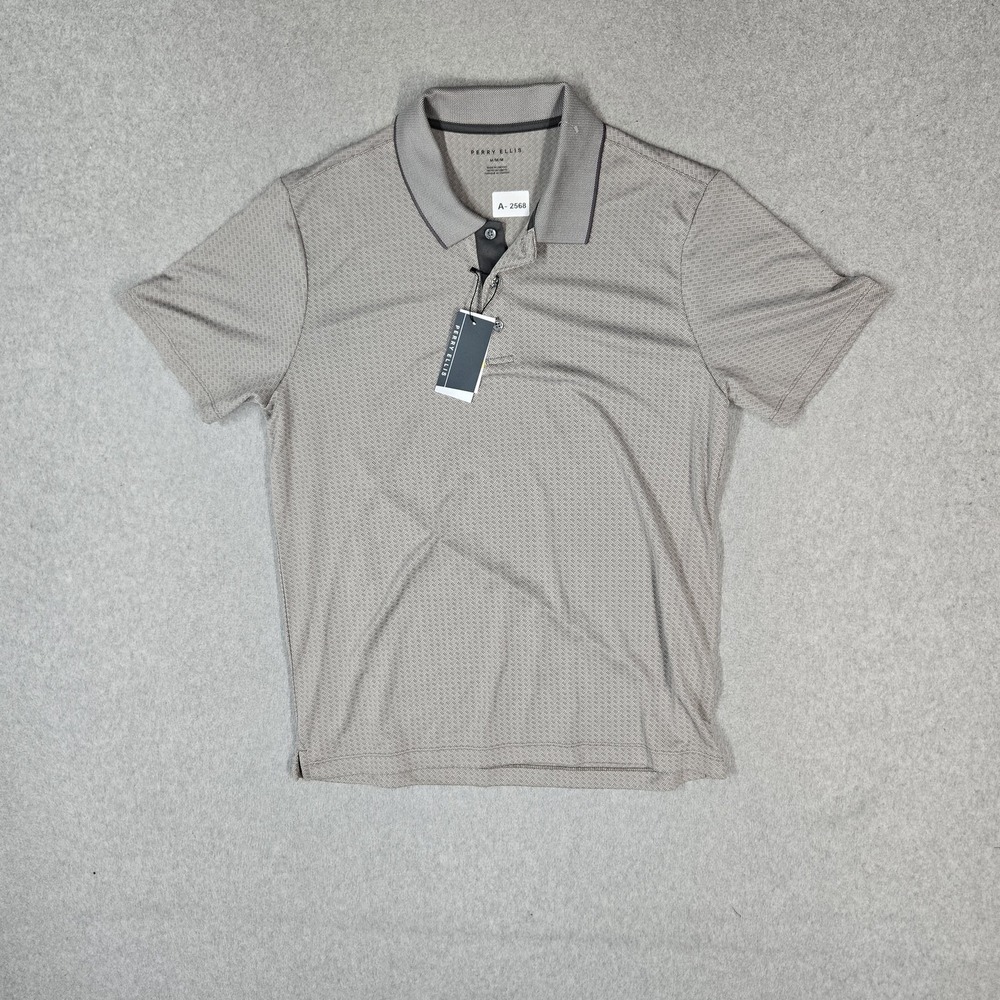 Perry Ellis Men Polo M Gray Geometric Golf Short Sleeve Collar Pullover NWT